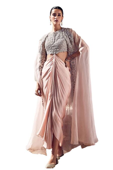 Matsya_Pink Crepe, Silk Beads, Iconic Bush Tulip Knotted Dhoti Skirt Set With Cape _Online_at_Aza_Fashions