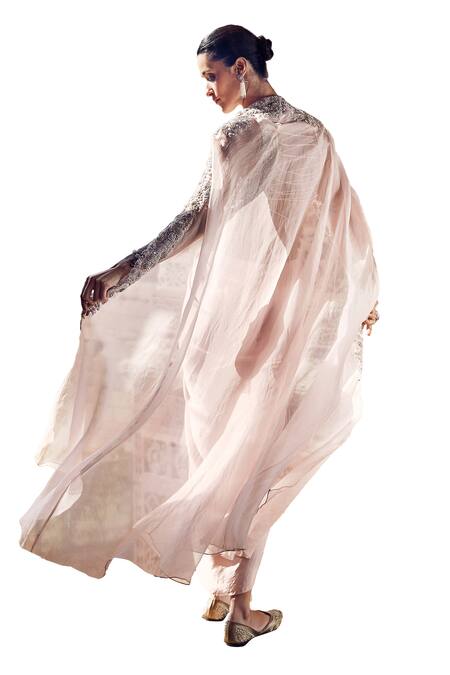 Matsya_Pink Crepe, Silk Beads, Iconic Bush Tulip Knotted Dhoti Skirt Set With Cape _at_Aza_Fashions