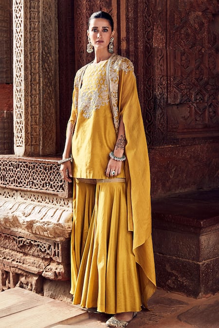 Matsya_Yellow Chanderi Embroidery, Gota Patti Round Neck Sona Cape Gharara Set _Online_at_Aza_Fashions