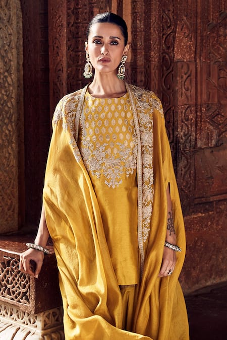 Buy_Matsya_Yellow Chanderi Embroidery, Gota Patti Round Neck Sona Cape Gharara Set _Online_at_Aza_Fashions