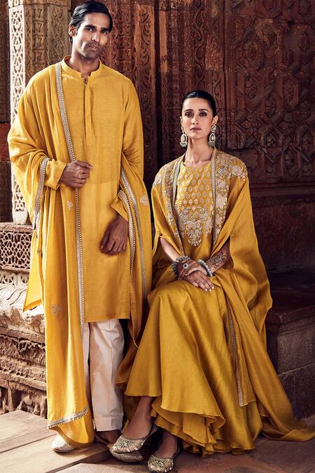Matsya_Yellow Chanderi Embroidery, Gota Patti Round Neck Sona Cape Gharara Set _at_Aza_Fashions