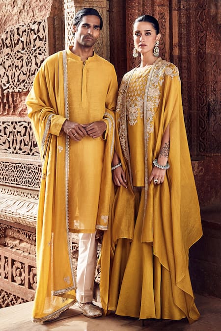 Buy_Matsya_Yellow Chanderi Embroidery, Gota Patti Round Neck Sona Cape Gharara Set 