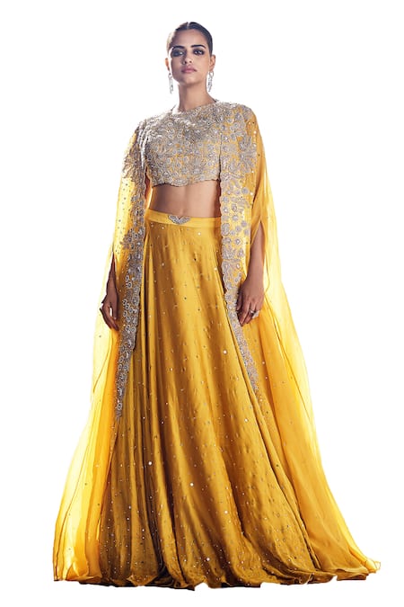 Matsya_Yellow Crepe Pearls, Mirrors, Sequins Iconic Winged Embroidered Cape Lehenga Set _Online_at_Aza_Fashions