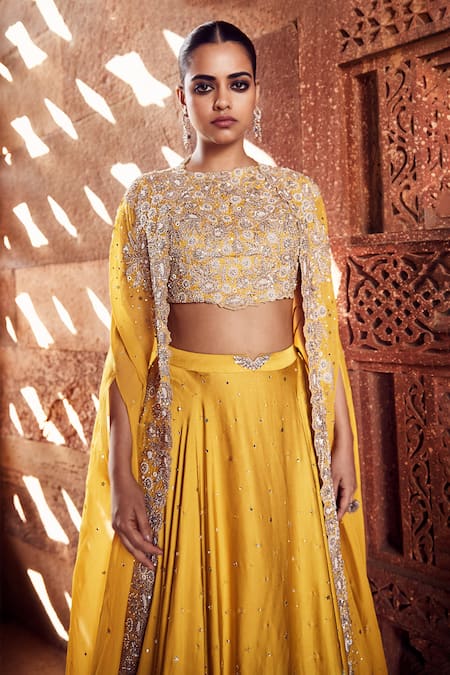 Buy_Matsya_Yellow Crepe Pearls, Mirrors, Sequins Iconic Winged Embroidered Cape Lehenga Set _Online_at_Aza_Fashions