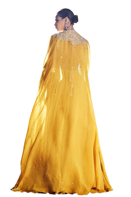 Shop_Matsya_Yellow Crepe Pearls, Mirrors, Sequins Iconic Winged Embroidered Cape Lehenga Set _Online_at_Aza_Fashions