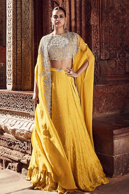 Matsya_Yellow Crepe Pearls, Mirrors, Sequins Iconic Winged Embroidered Cape Lehenga Set _at_Aza_Fashions