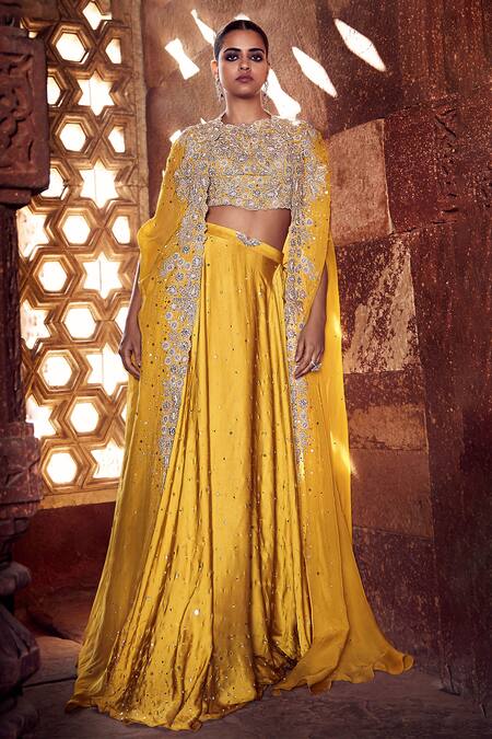Buy_Matsya_Yellow Crepe Pearls, Mirrors, Sequins Iconic Winged Embroidered Cape Lehenga Set 