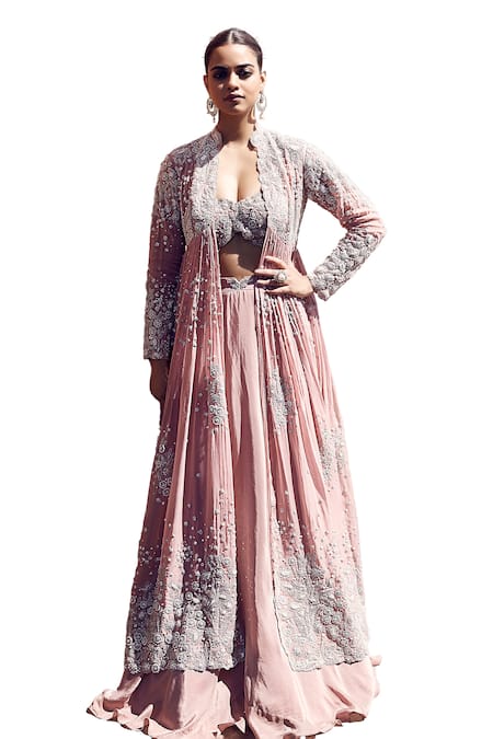 Matsya Pink Crepe Pearls, Sequins, Rose Empress Wing Embroidered Cape Lehenga Set Online at Aza Fashions Matsya_Pink Crepe Pearls, Sequins, Rose Empress Wing Embroidered Cape Lehenga Set _Online_at_Aza_Fashions