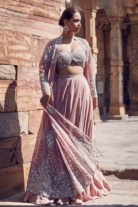 Buy Matsya Pink Crepe Pearls, Sequins, Rose Empress Wing Embroidered Cape Lehenga Set Online at Aza Fashions Buy_Matsya_Pink Crepe Pearls, Sequins, Rose Empress Wing Embroidered Cape Lehenga Set _Online_at_Aza_Fashions