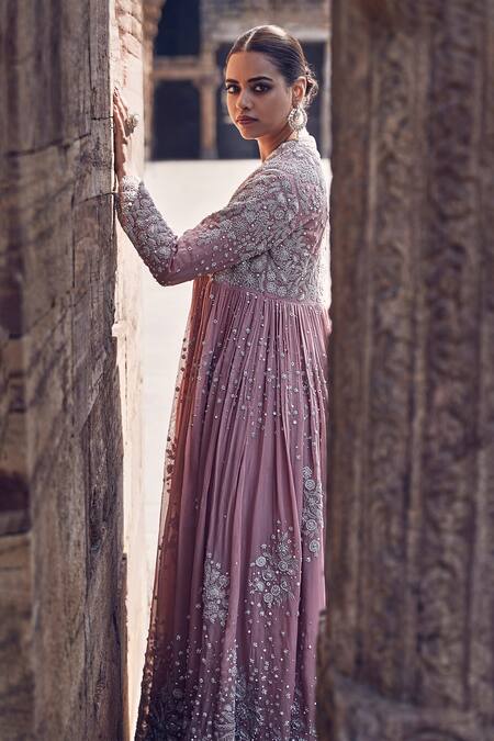 Shop Matsya Pink Crepe Pearls, Sequins, Rose Empress Wing Embroidered Cape Lehenga Set Online at Aza Fashions Shop_Matsya_Pink Crepe Pearls, Sequins, Rose Empress Wing Embroidered Cape Lehenga Set _Online_at_Aza_Fashions