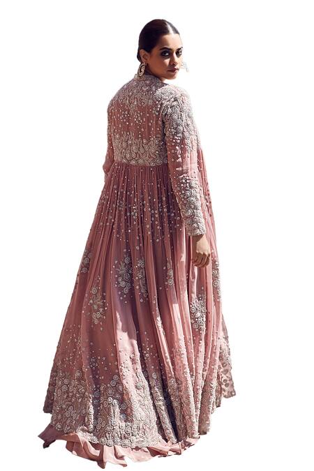 Matsya Pink Crepe Pearls, Sequins, Rose Empress Wing Embroidered Cape Lehenga Set at Aza Fashions Matsya_Pink Crepe Pearls, Sequins, Rose Empress Wing Embroidered Cape Lehenga Set _at_Aza_Fashions