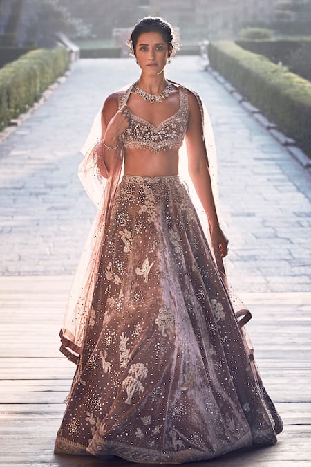 Shop Matsya Pink Velvet, Net Pearls, French Rose Opus Embroidered Bridal Lehenga Set Online at Aza Fashions Shop_Matsya_Pink Velvet, Net Pearls, French Rose Opus Embroidered Bridal Lehenga Set _Online_at_Aza_Fashions