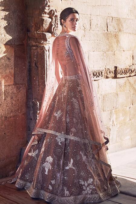 Buy Matsya Pink Velvet, Net Pearls, French Rose Opus Embroidered Bridal Lehenga Set Buy_Matsya_Pink Velvet, Net Pearls, French Rose Opus Embroidered Bridal Lehenga Set