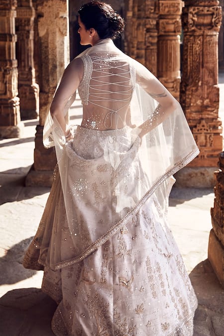 Matsya_Beige Silk, Net Embroidery, Tuscan Landscape Of Dreams Bridal Lehenga Set _at_Aza_Fashions