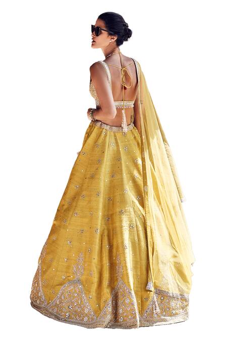 Buy Matsya Yellow Silk, Net Pearls, Sequins, Royal Pyramid Dori Work Bridal Lehenga Set Buy_Matsya_Yellow Silk, Net Pearls, Sequins, Royal Pyramid Dori Work Bridal Lehenga Set