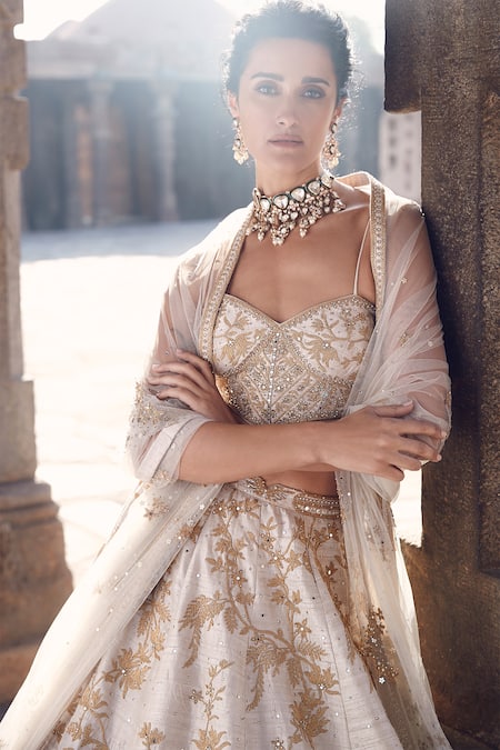 Matsya_Ivory Silk, Net Pearls, Sequins, Sona Kora Embroidered Bridal Lehenga Set _Online_at_Aza_Fashions