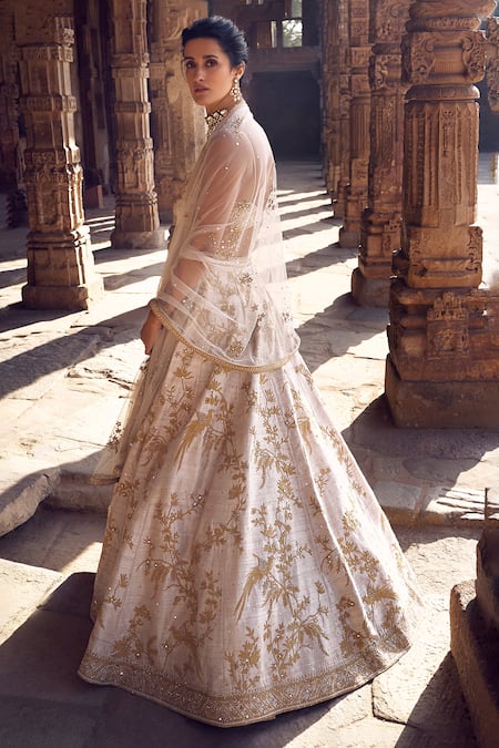 Buy_Matsya_Ivory Silk, Net Pearls, Sequins, Sona Kora Embroidered Bridal Lehenga Set _Online_at_Aza_Fashions