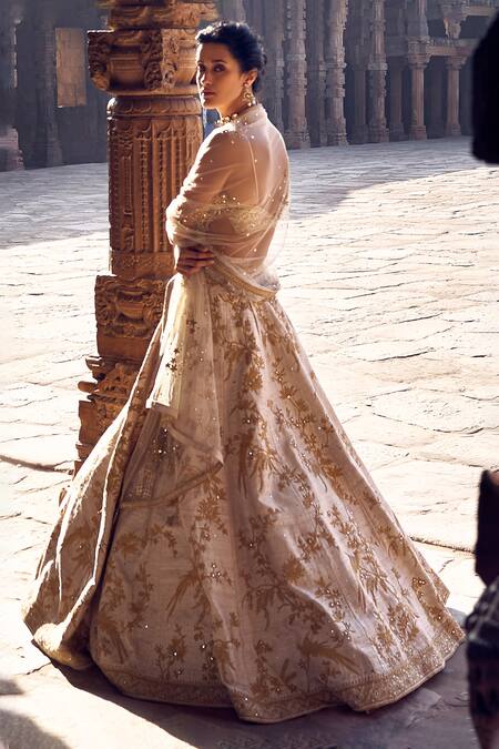Shop_Matsya_Ivory Silk, Net Pearls, Sequins, Sona Kora Embroidered Bridal Lehenga Set _Online_at_Aza_Fashions