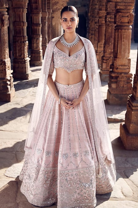 Shop_Matsya_Pink Silk, Net Embroidery, Beads, Pearls, Tulip Sheesha Gota Bridal Lehenga Set _Online_at_Aza_Fashions