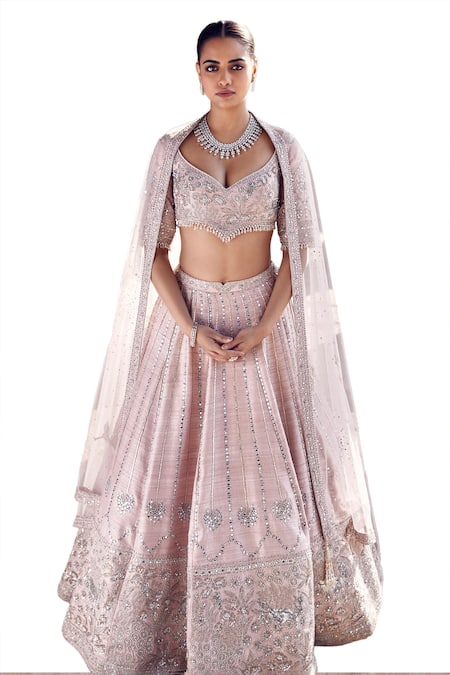 Buy_Matsya_Pink Silk, Net Embroidery, Beads, Pearls, Tulip Sheesha Gota Bridal Lehenga Set 