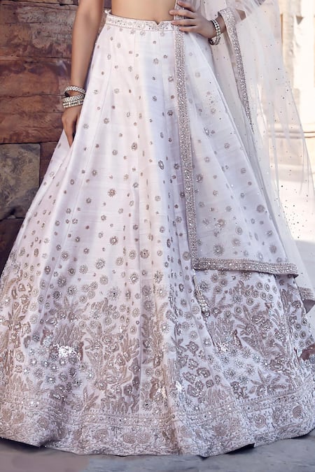 Matsya_Ivory Silk, Net Pearls, Sequins, Royal Nandi Raw Embroidered Bridal Lehenga Set _Online_at_Aza_Fashions