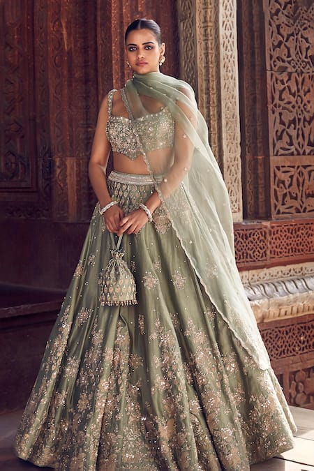 Matsya_Green Chanderi Diamonds, Mirrors, Sona Patti Applique Bridal Lehenga Set _Online_at_Aza_Fashions