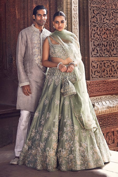 Buy_Matsya_Green Chanderi Diamonds, Mirrors, Sona Patti Applique Bridal Lehenga Set _Online_at_Aza_Fashions