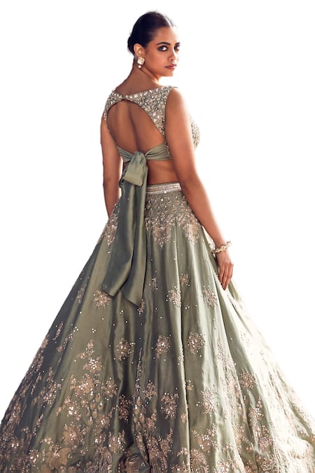 Shop_Matsya_Green Chanderi Diamonds, Mirrors, Sona Patti Applique Bridal Lehenga Set _Online_at_Aza_Fashions