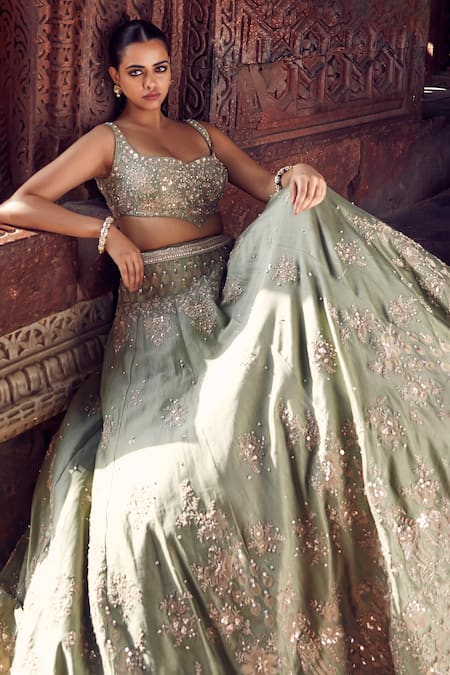Matsya_Green Chanderi Diamonds, Mirrors, Sona Patti Applique Bridal Lehenga Set _at_Aza_Fashions