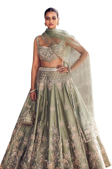 Buy_Matsya_Green Chanderi Diamonds, Mirrors, Sona Patti Applique Bridal Lehenga Set 