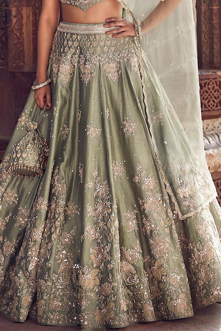 Shop_Matsya_Green Chanderi Diamonds, Mirrors, Sona Patti Applique Bridal Lehenga Set 