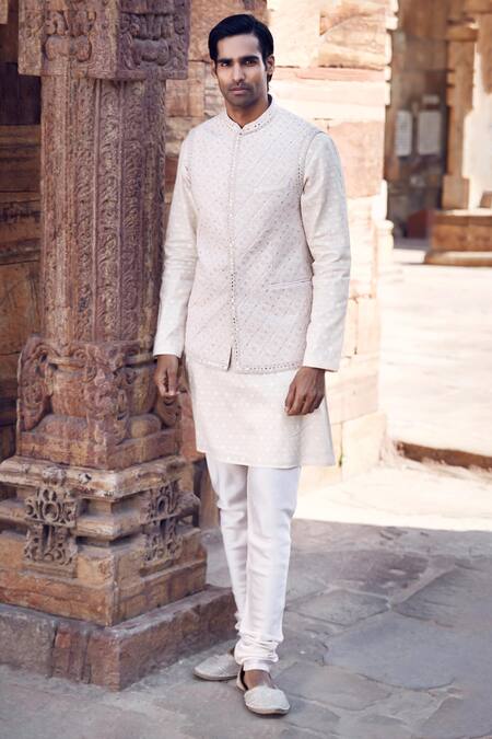 Shop_Matsya_Off White Raw Silk Embroidery Dori Bundi And Kurta Set _Online_at_Aza_Fashions