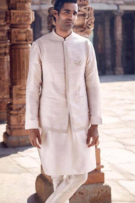 Buy_Matsya_Ivory Raw Silk Embroidery Thread Dori Textured Bundi And Side Slit Kurta Set _Online_at_Aza_Fashions