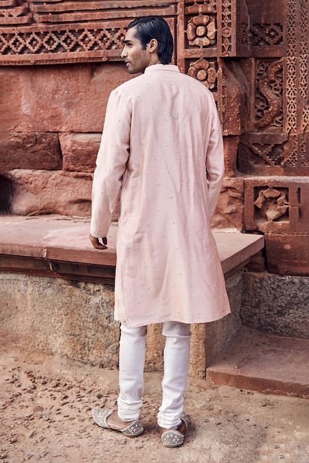 Shop_Matsya_Peach Chanderi Gulab Nawab Embroidered Kurta Set _at_Aza_Fashions