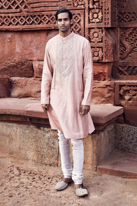 Matsya_Peach Chanderi Gulab Nawab Embroidered Kurta Set _Online_at_Aza_Fashions