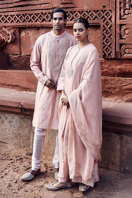 Buy_Matsya_Peach Chanderi Gulab Nawab Embroidered Kurta Set 