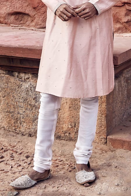 Shop_Matsya_Peach Chanderi Gulab Nawab Embroidered Kurta Set 