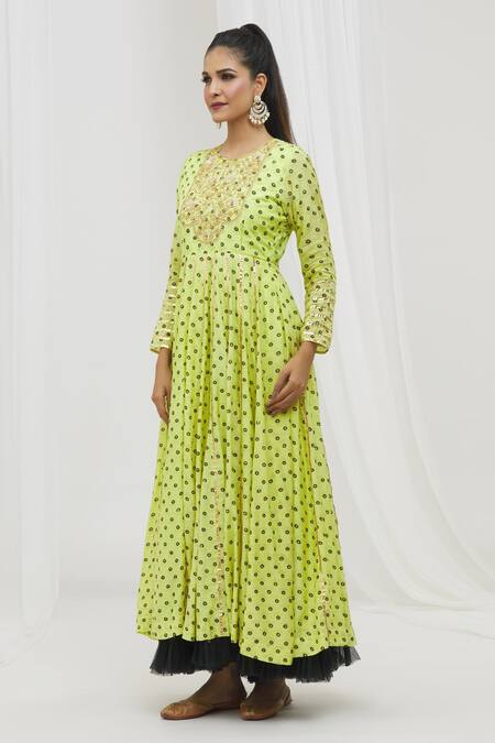 Yuvraani Jaipur_Green Organza, Muslin Embroidery Round Handblock Print Anarkali With Dupatta _Online_at_Aza_Fashions