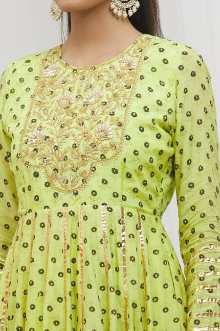 Buy_Yuvraani Jaipur_Green Organza, Muslin Embroidery Round Handblock Print Anarkali With Dupatta _Online_at_Aza_Fashions