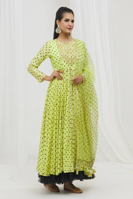 Shop_Yuvraani Jaipur_Green Organza, Muslin Embroidery Round Handblock Print Anarkali With Dupatta _Online_at_Aza_Fashions