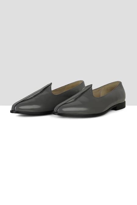 Shop_Ankit V Kapoor_Grey Stitchline Thread Patent Almond Toe Mojris _at_Aza_Fashions