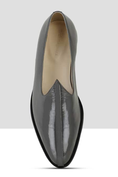 Buy_Ankit V Kapoor_Grey Stitchline Thread Patent Almond Toe Mojris _Online_at_Aza_Fashions