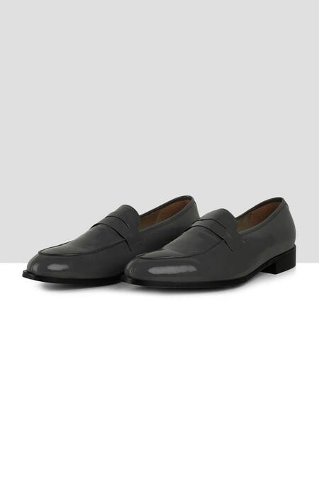 Shop Ankit V Kapoor Grey Cut Work Patent Almond Toe Penny Loafers at Aza Fashions Shop_Ankit V Kapoor_Grey Cut Work Patent Almond Toe Penny Loafers_at_Aza_Fashions