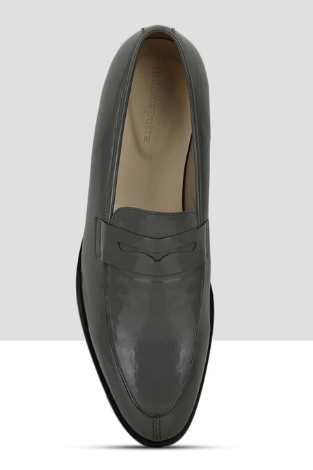 Buy Ankit V Kapoor Grey Cut Work Patent Almond Toe Penny Loafers Online at Aza Fashions Buy_Ankit V Kapoor_Grey Cut Work Patent Almond Toe Penny Loafers_Online_at_Aza_Fashions