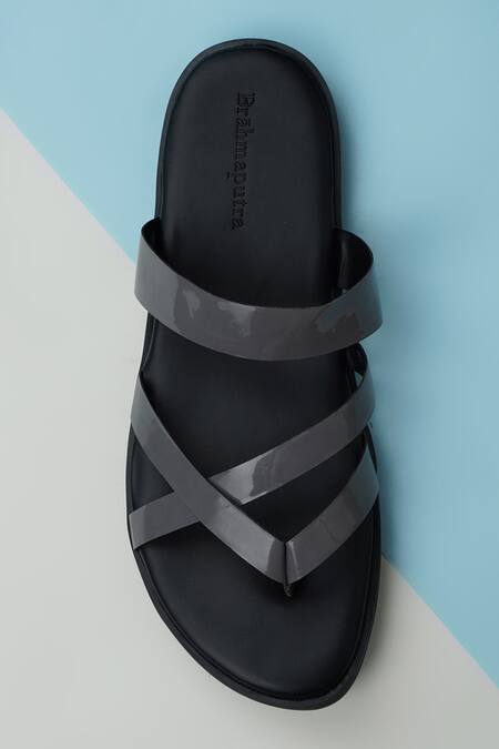 Shop_Ankit V Kapoor_Grey Patent Criss Cross Strappy Sandals_at_Aza_Fashions