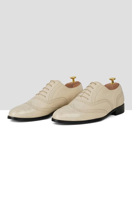 Shop_Ankit V Kapoor_Off White Solid Brogue Shoes _at_Aza_Fashions