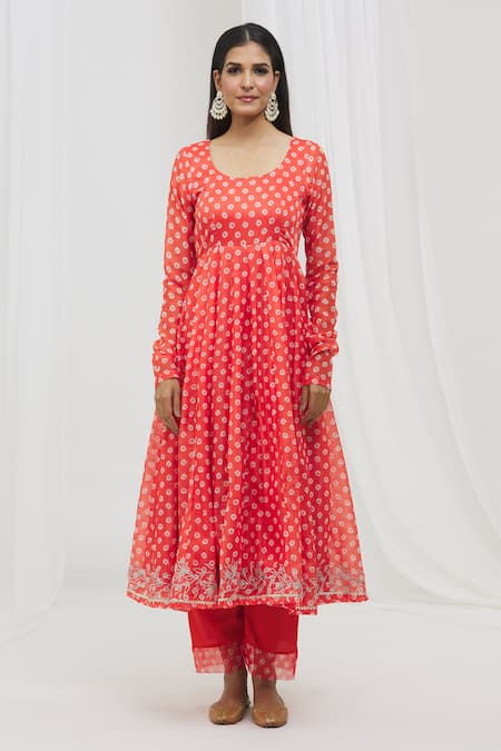 Yuvraani Jaipur Orange Chanderi, Cotton, Organza Embroidery, Tassels Bandhej Print Anarkali Set at Aza Fashions Yuvraani Jaipur_Orange Chanderi, Cotton, Organza Embroidery, Tassels Bandhej Print Anarkali Set _at_Aza_Fashions