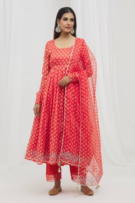 Yuvraani Jaipur Orange Chanderi, Cotton, Organza Embroidery, Tassels Bandhej Print Anarkali Set Online at Aza Fashions Yuvraani Jaipur_Orange Chanderi, Cotton, Organza Embroidery, Tassels Bandhej Print Anarkali Set _Online_at_Aza_Fashions