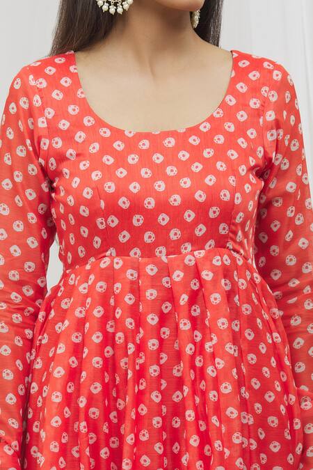 Shop Yuvraani Jaipur Orange Chanderi, Cotton, Organza Embroidery, Tassels Bandhej Print Anarkali Set Online at Aza Fashions Shop_Yuvraani Jaipur_Orange Chanderi, Cotton, Organza Embroidery, Tassels Bandhej Print Anarkali Set _Online_at_Aza_Fashions