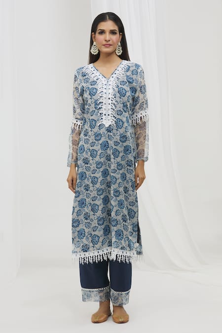 Buy Yuvraani Jaipur Blue Chanderi, Cotton Embroidery, Lace, Tassels V-neck Floral Pattern Kurta Set Online at Aza Fashions Buy_Yuvraani Jaipur_Blue Chanderi, Cotton Embroidery, Lace, Tassels V-neck Floral Pattern Kurta Set _Online_at_Aza_Fashions